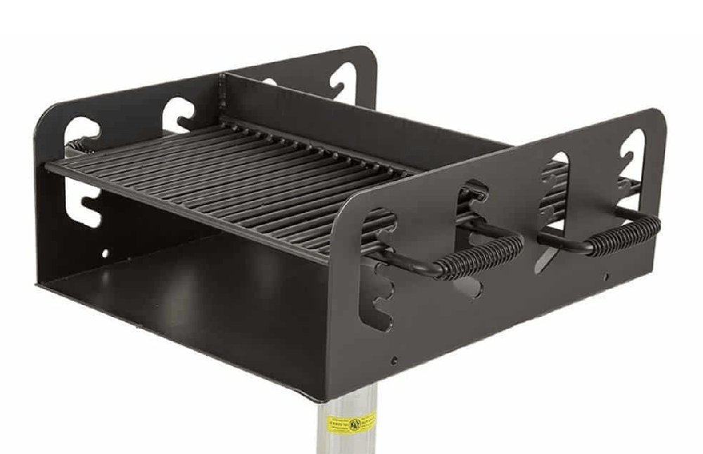 Commercial park grill with adjustable cooking grate allowing multiple height positions for precise heat control and efficient outdoor grilling